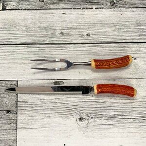 Vtg Cutron Canada 2 Piece Carving Set Faux Antler Handles Stainless Steel Retro